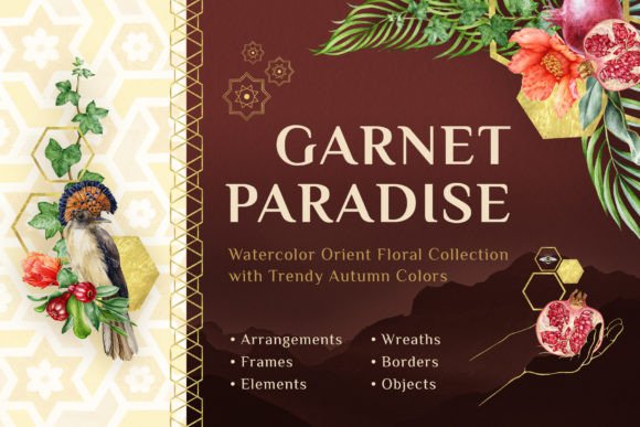 Garnet Paradise Watercolor Set: A Journey into Floral Elegance and Geometric Sophistication
